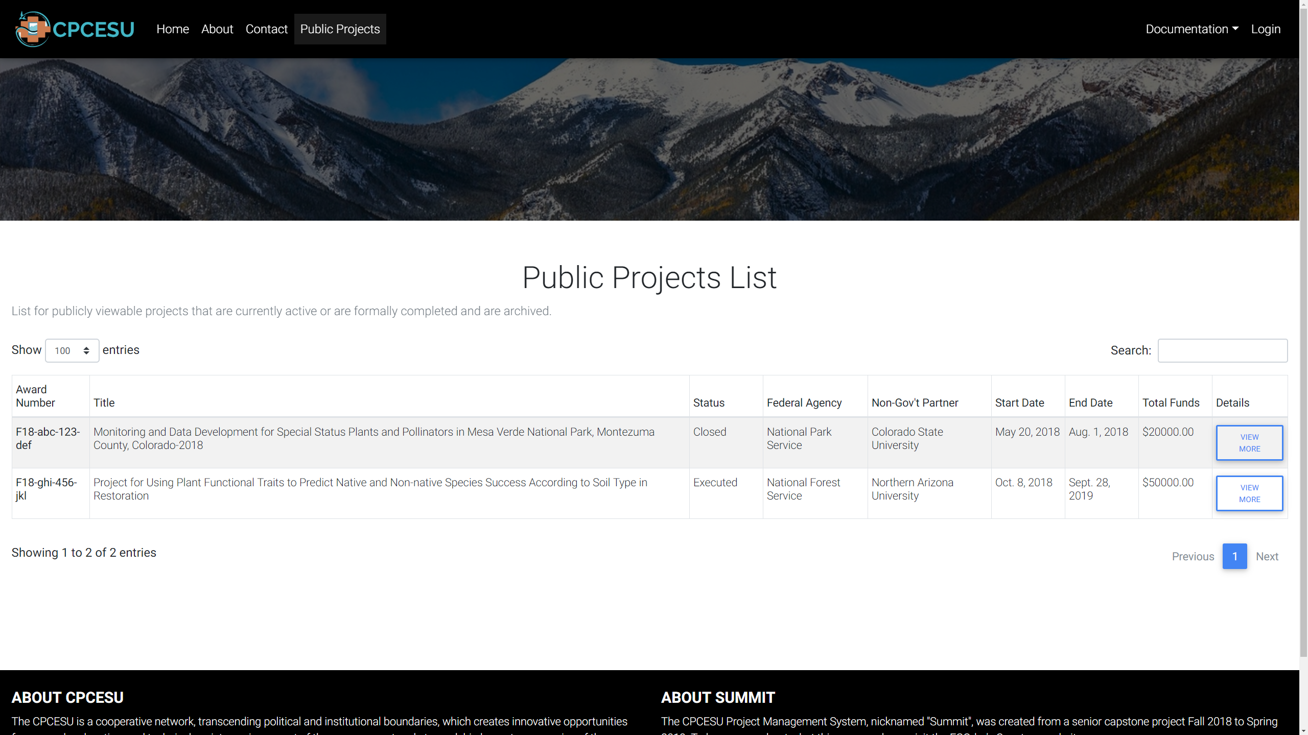 Public project list screenshot