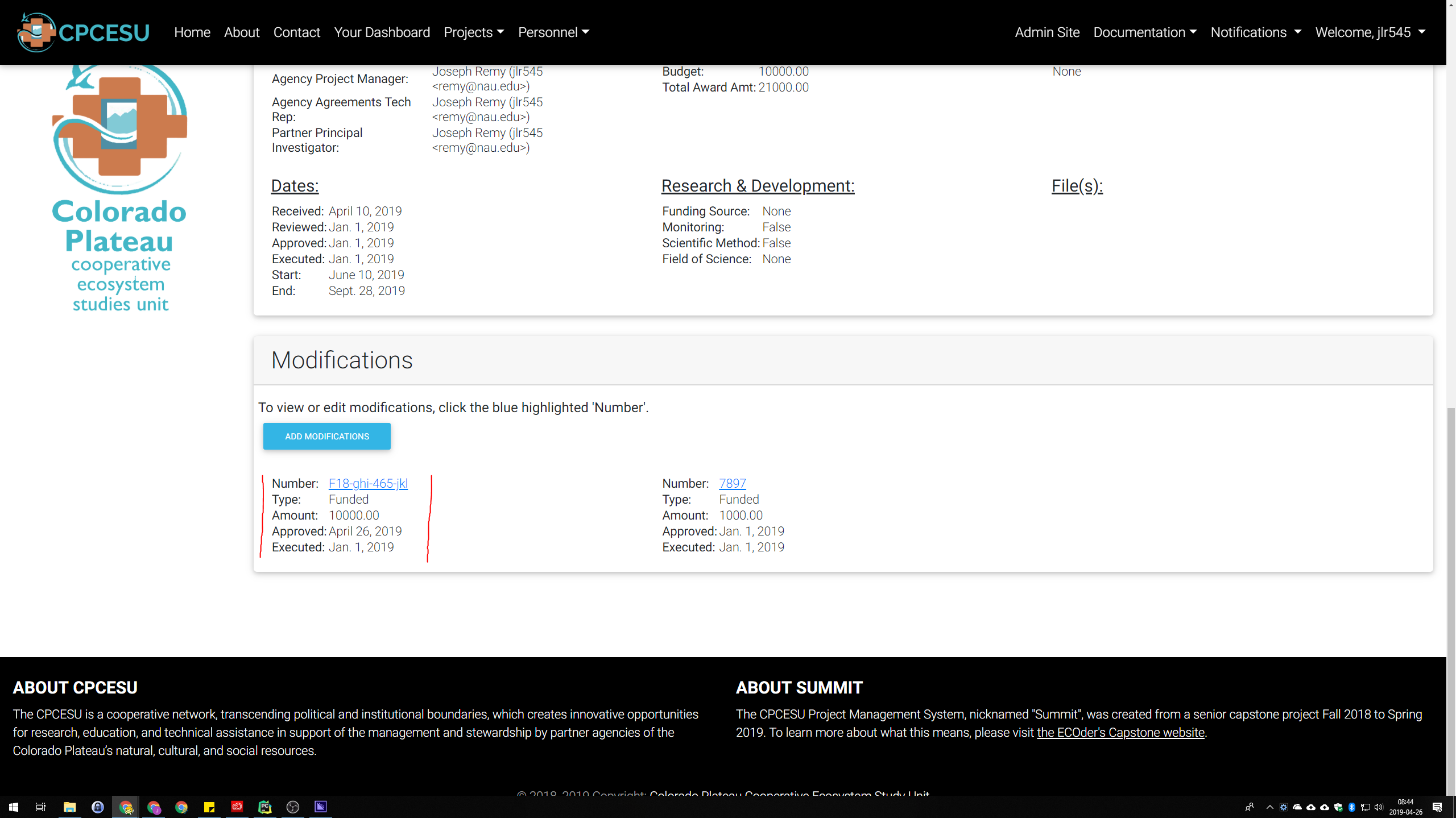 View project modifications after new mod (highlighted in red) on project details page