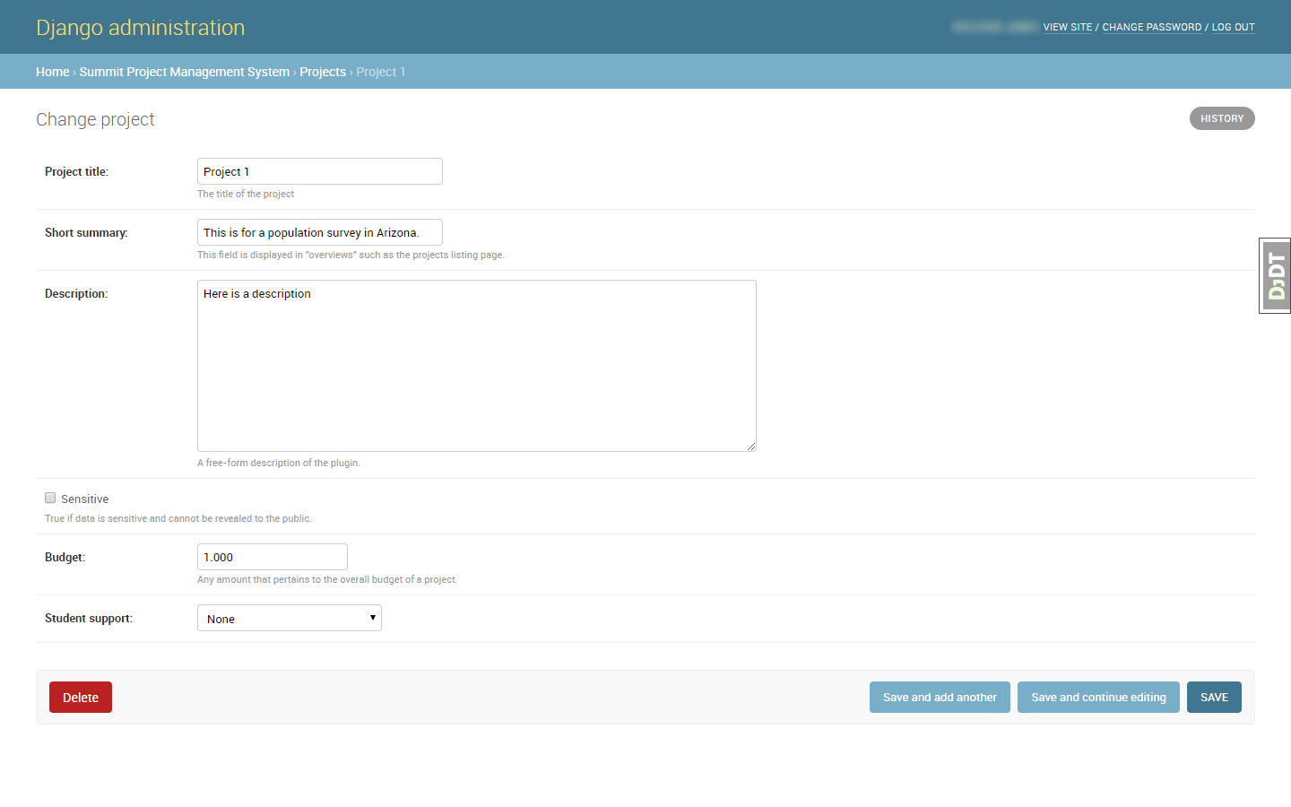 Built-in Django admin site showing a basic project model as fields