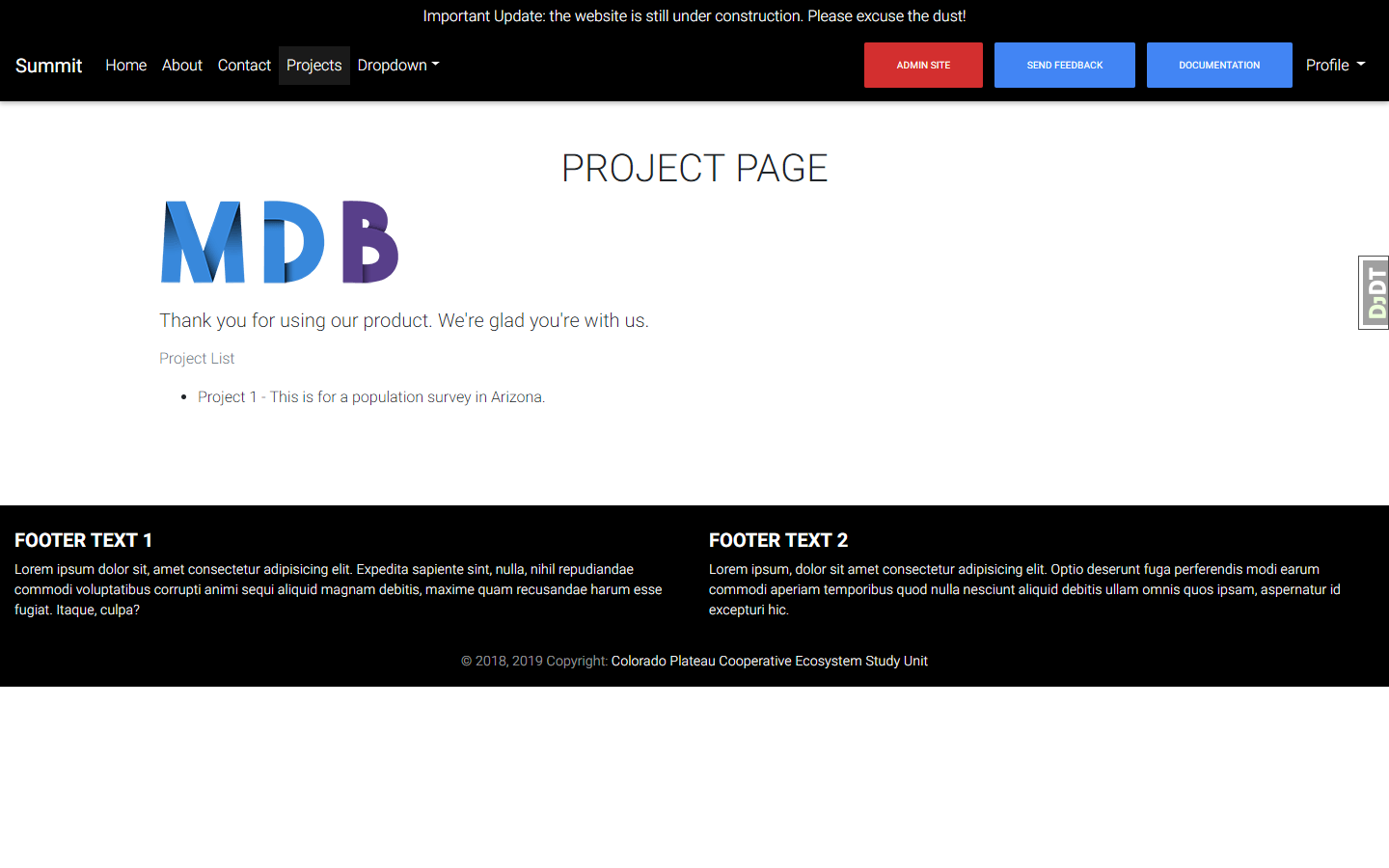 Projects landing page, showing the current projects from the backend