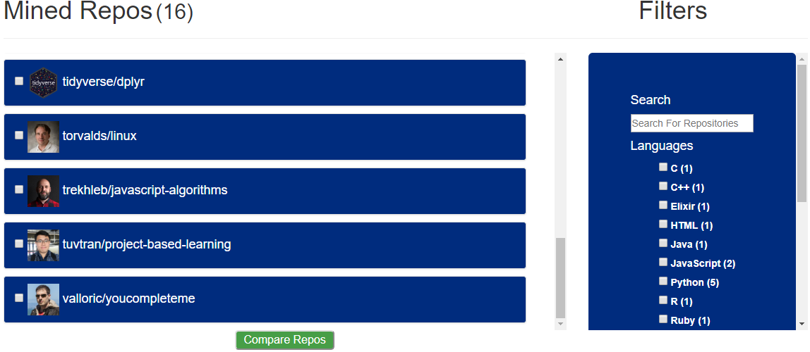 Our mined repositories page