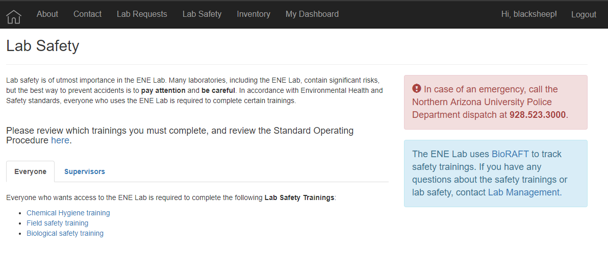 A screenshot of the ELIMS lab safety info page.