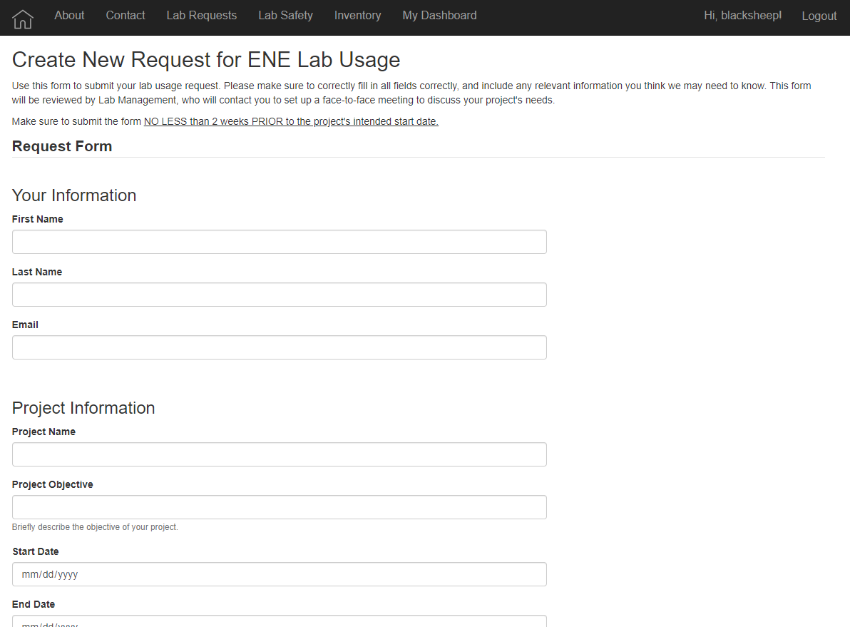 A screenshot of the ELIMS lab usage request form.