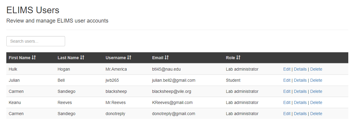A screenshot of the ELIMS user list page.