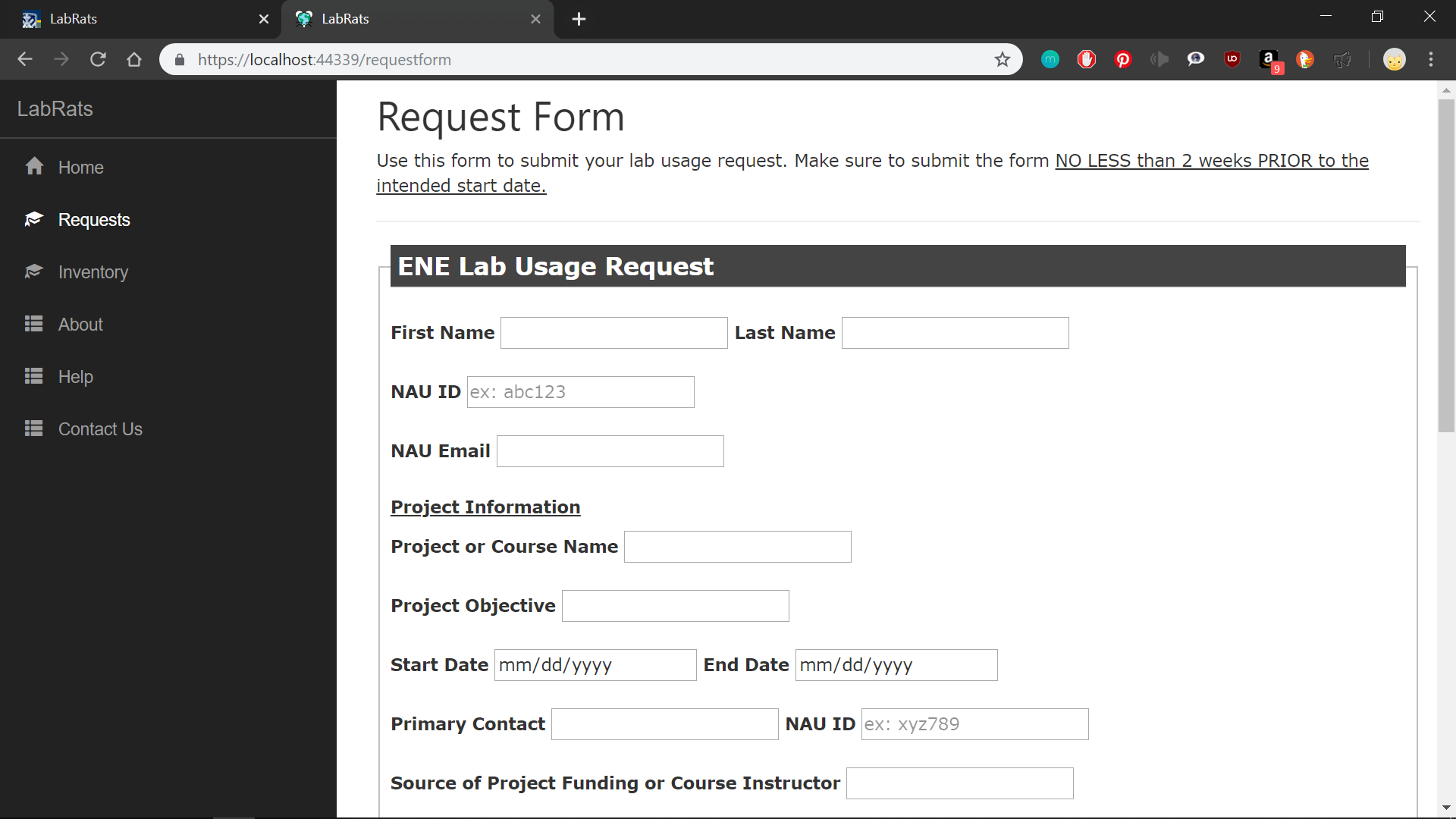 A screenshot of the top of the request form.