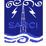 Team Logo. There is a radio tower on top of the sea with a lightning storm happening over head. S.A.R.C.I. is in the middle of the logo. 
