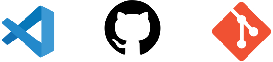 Logos
										for various development tools including
										Visual Studio Code, represented by a blue
										infinity-like shape; GitHub, depicted by
										a black cat silhouette within a circle;
										and Git, shown as an orange diamond with
										a white branch structure.