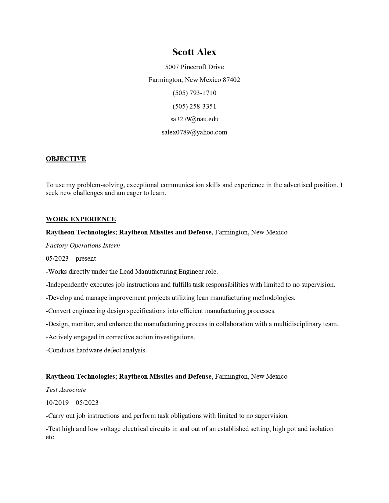 First page of resume for Scott